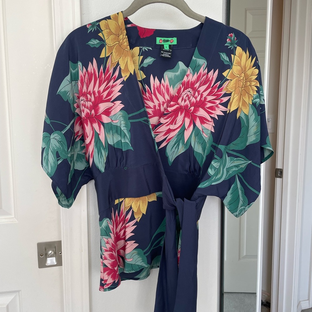 Tibi Blue Floral Wrap Blouse with Puff Sleeves and Tie Front
